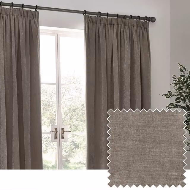 Make It A Home Heavy Chenille Velvet Pencil Pleat Curtains in Greige, Width: 117 cm, Height: 183 cm