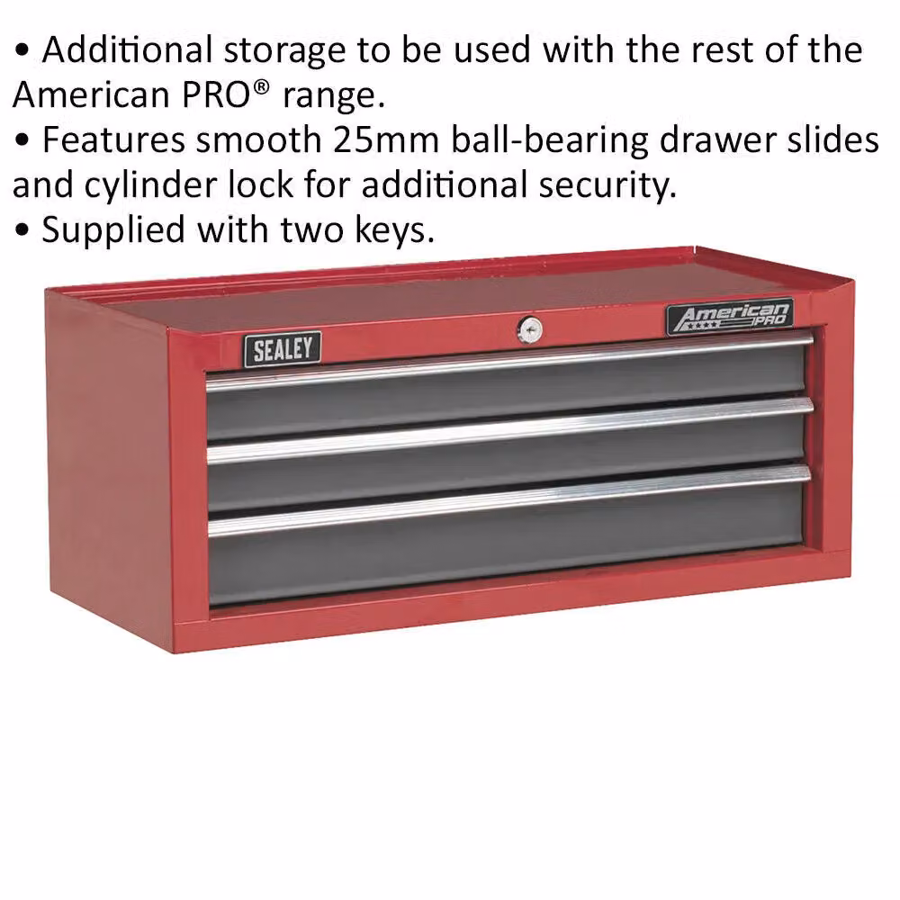 American PRO Loops Lockable 3 Drawer Mid-Box Tool Chest Storage Unit Cabinet, Red, W: 60.5 cm, D: 26 cm, H: 2.5 cm – 2