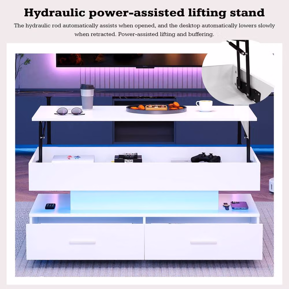 Rolipo White Hydraulic Lift Top Coffee Table with LED and 2 Drawers, Set of 2 – 6