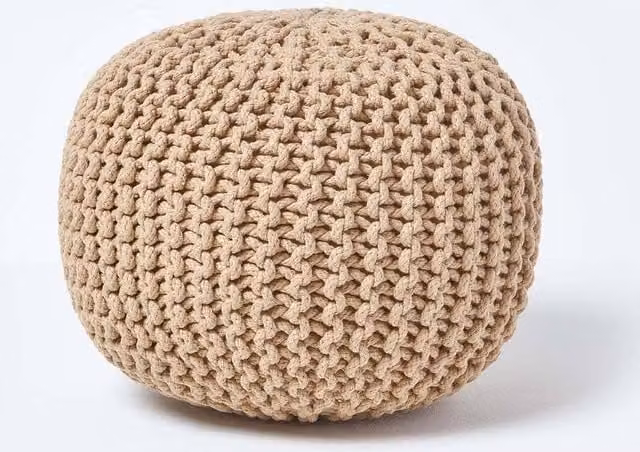 Homescapes Round Cotton Knitted Pouffe Footstool in Beige