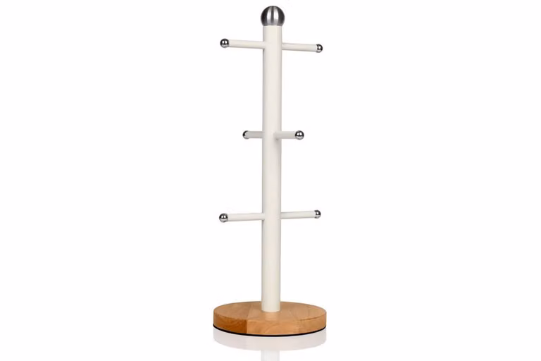 Swan Nordic White Kitchen Accessory Set with Mug Tree and Towel Pole in Beige and White with Bamboo Bases