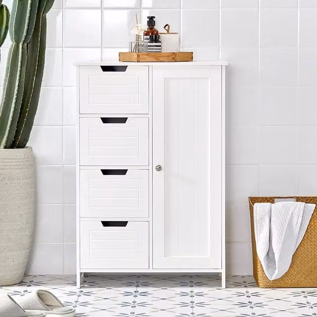 SoBuy Modern White Bathroom Storage Cabinet with 4 Drawers and 1 Door
