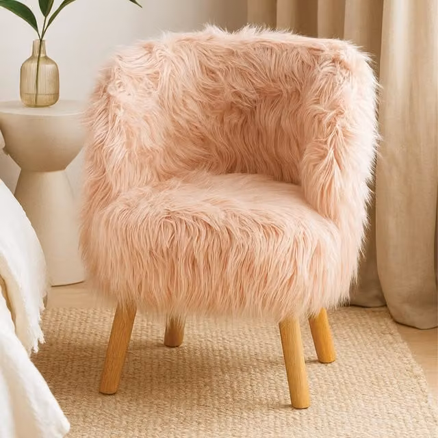 Orsina Pink Faux Fur Kids Chair with Rubberwood Legs