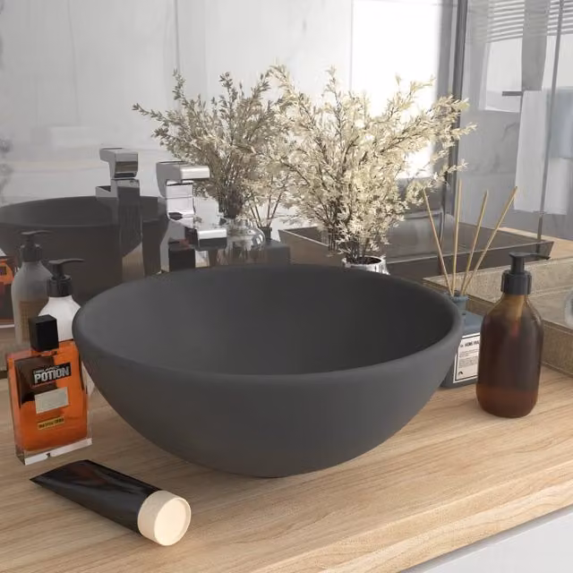 Berkfield Home Round Ceramic Bathroom Basin in Matt Dark Grey, W: 32.5 cm, H: 14 cm