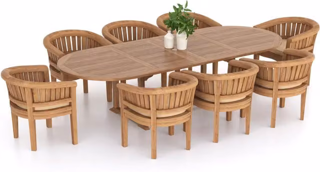 Eterna Valetta Teak Garden Dining Table and 8 Chair Set with Green Cushions