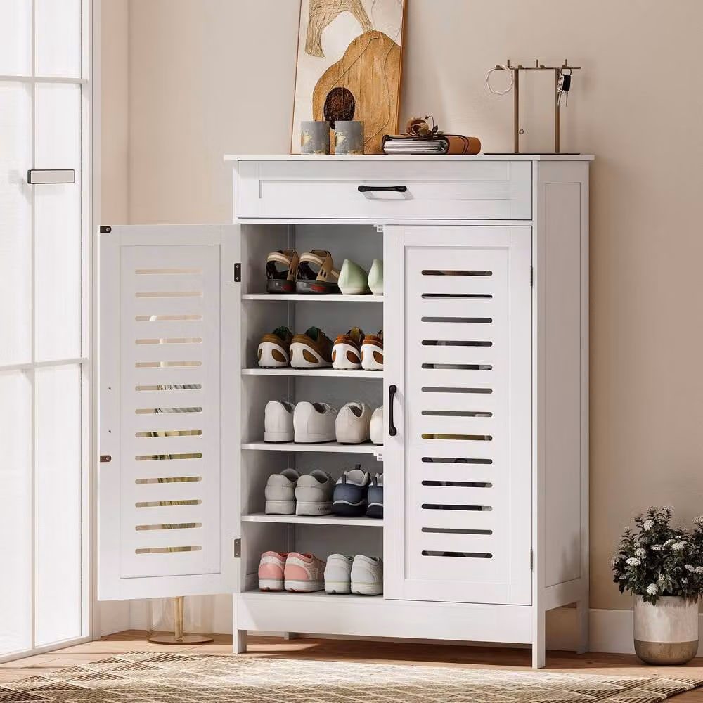 STILVORA Modern White Shoe Cabinet with Drawer and Hinged Doors, W/D/H: 78.0 x 37.0 x 115.8 cm – 2