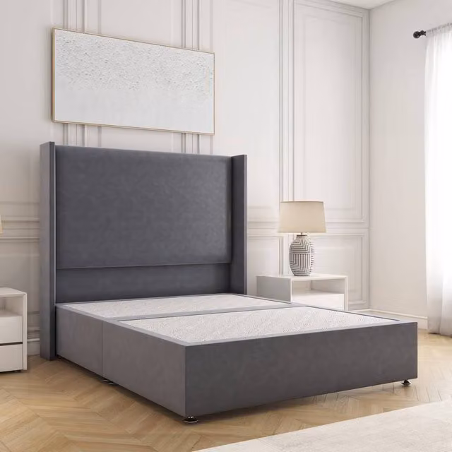 BSSPOKE Austin Single Divan Bed with 54 inch Plush Velvet Headboard in Charcoal Grey
