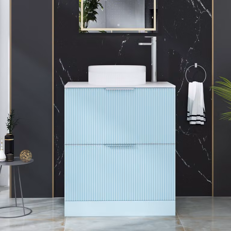 Royal Bathrooms Evora Powder Blue Fluted Floor Standing Countertop Vanity Unit with 2 Drawers and Round Basin