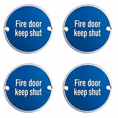Loops 4 Pack Fire Door Keep Shut Signs in Brushed Silver Stainless Steel, 76mm Diameter with 64mm Fixing Centres