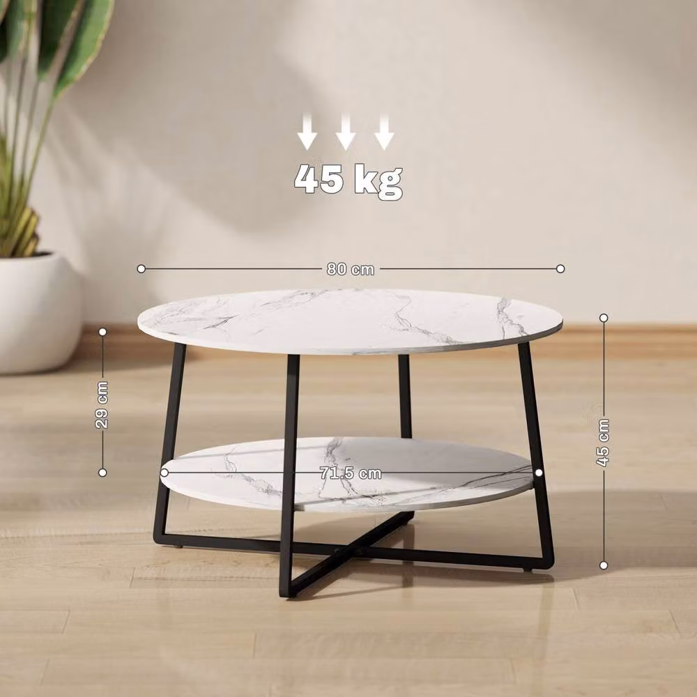 Wyld Haus Two Tier Round Marble Effect Coffee Table with White Top and Black Metal Frame – 3