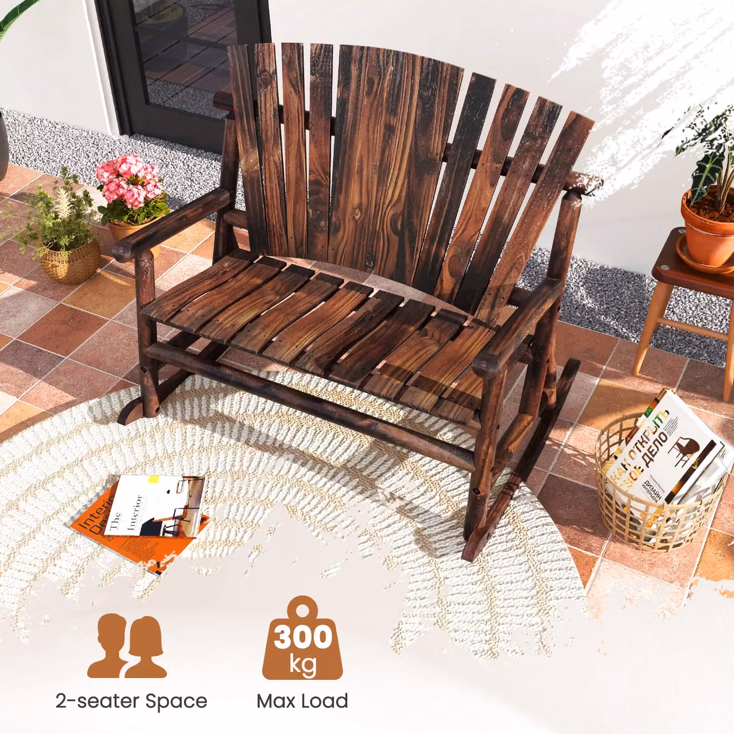 Costway 2-Person Adirondack Rocking Chair Loveseat in Brown Solid Wood for Garden, Balcony or Terrace – 8