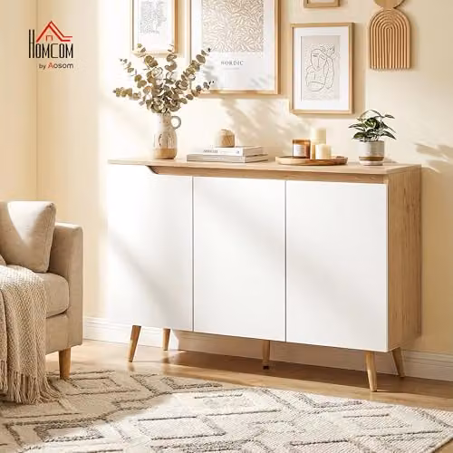 HOMCOM White and Oak Sideboard Storage Cabinet with Rubberwood Legs – 2