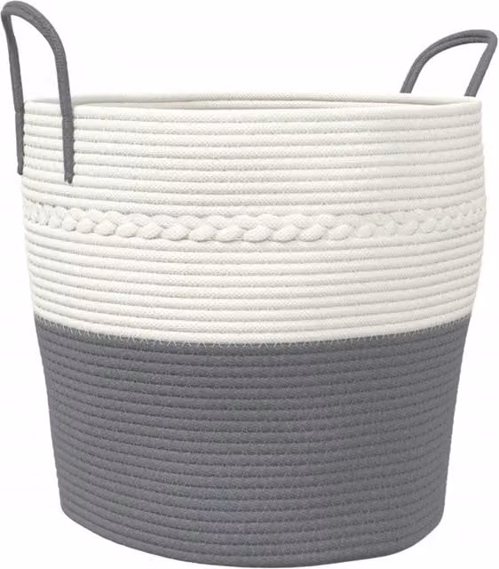 Berkfield Grey and White Open Weave Cotton Storage Basket with Handles, W: 43 cm, D: 38 cm, H: 38 cm