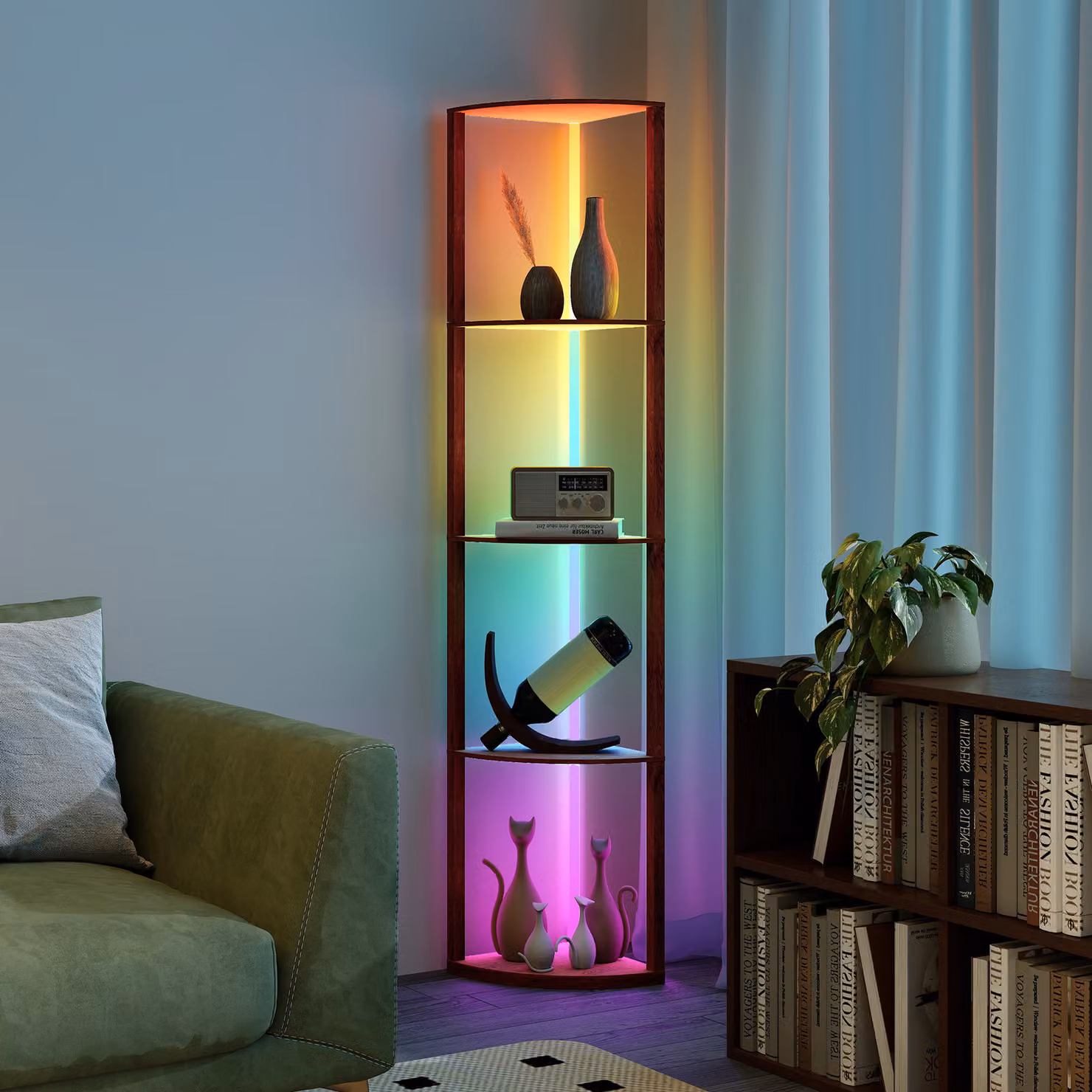HOMCOM RGB Standing Lamp with 4-Tier Shelves, LED Floor Lamp with Remote Control, Brown, H 163 x W 42 x D 29.5 cm – 6