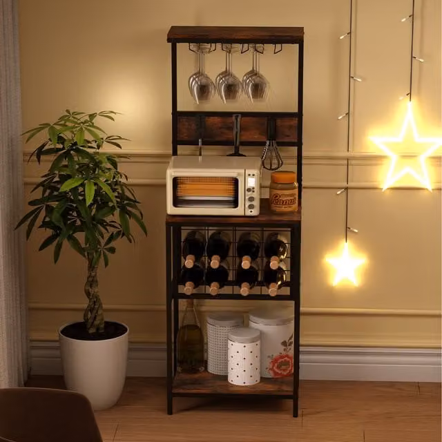 COSTWAY Freestanding Industrial Wood Wine Bar Cabinet in Brown