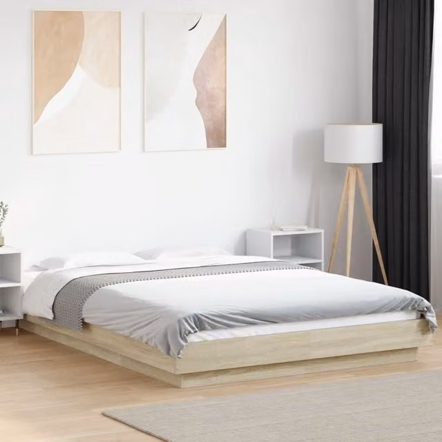 Berkfield Home Sonoma Oak Bed Frame with LED Lights and USB Charging Port, Brown, W/D/H: 140 x 190 cm