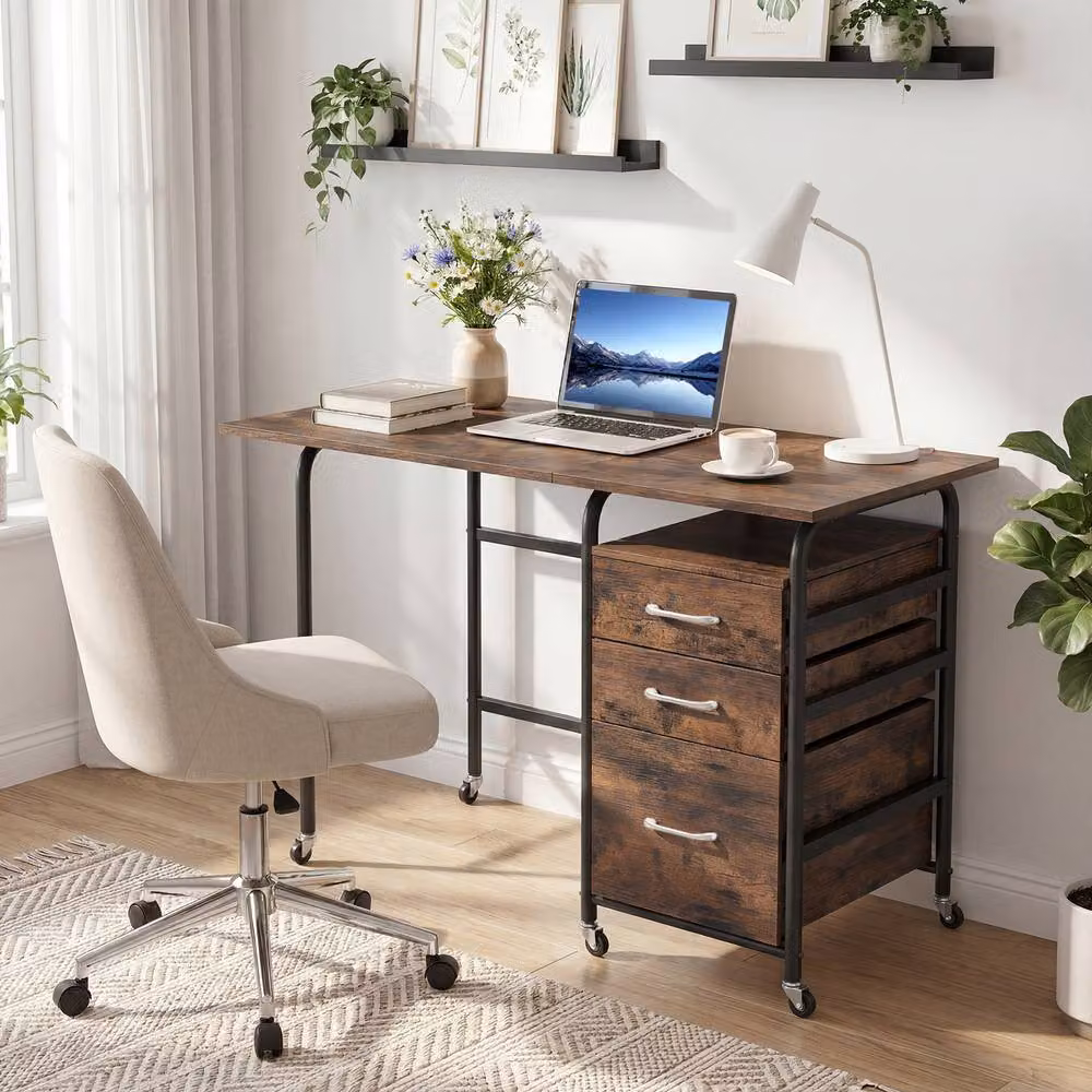 Costway Folding Computer Desk with 3 Drawers in Brown – 4