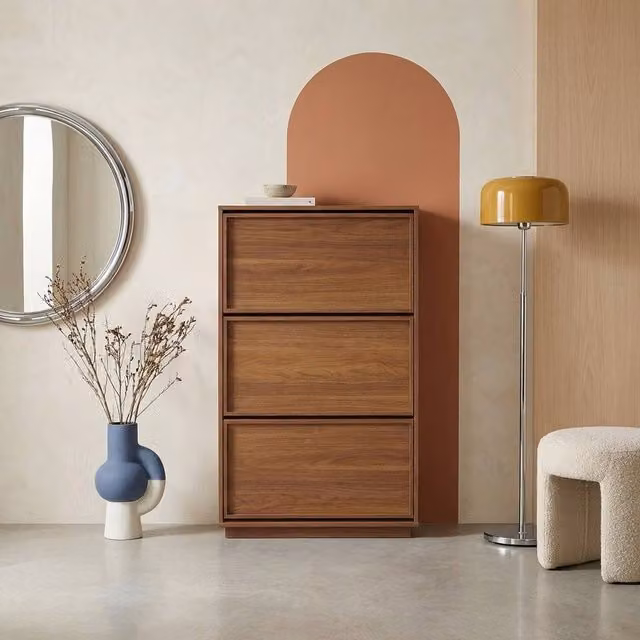 sweeek Modern Wood Shoe Cabinet with 3 Tilting Compartments in Brown, W/D/H: 120 x 26 x 75 cm