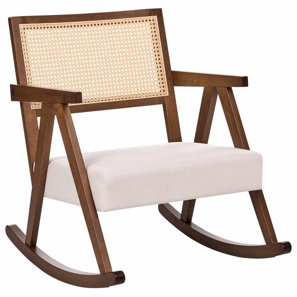 Wyld and Coco Vienna Backrest Rocking Armchair in Brown and Beige Fabric with Solid Rubberwood Frame – 2