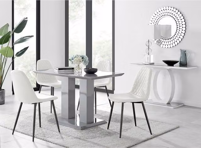 FurnitureboxUK Imperia Grey Rectangular Dining Table and 4 Corona White Faux Leather Chairs with Black Legs