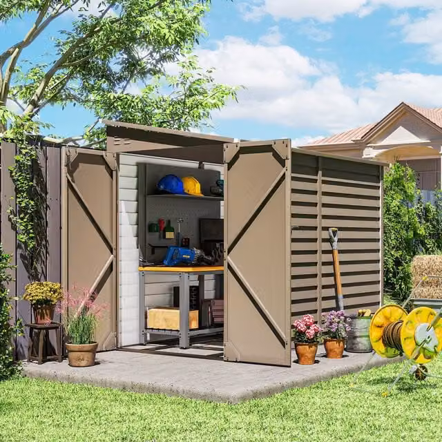 OUTSUNNY Brown Galvanised Metal Pent Garden Shed with Foundation Kit, W: 152.4 cm, D: 274.3 cm, H: 176.0 cm