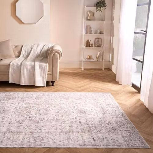 OHS Vintage Print Washable Rectangular Rug in Beige and Brown, W: 120 cm, L: 170 cm