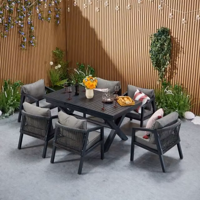 Furniture One Modern Grey Powder Coated Aluminium Garden Furniture Set with 1 Rectangular Table and 6 Chairs