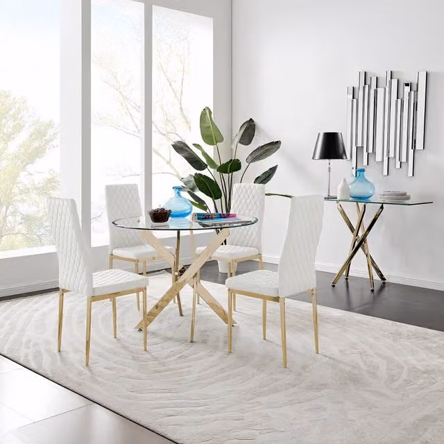 FurnitureboxUK Novara 100cm Round Tempered Glass Dining Table with Gold Legs and 4 White Milan Faux Leather Chairs – 1