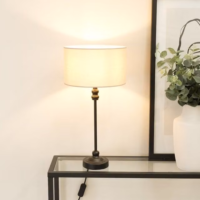 ValueLights Maggie Black Metal Candlestick Table Lamp with Beige Fabric Drum Shade and LED Bulb