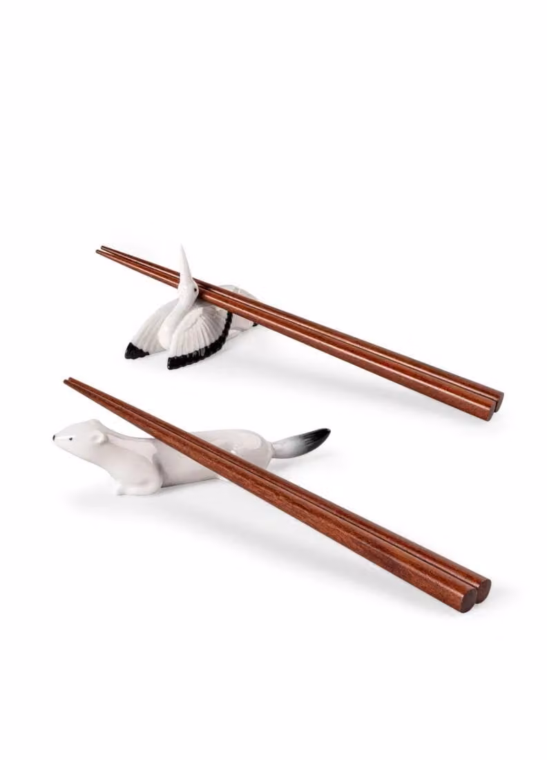 Lladró Ermine and Crane Chopsticks Set in Porcelain and Wood, Black, White and Brown