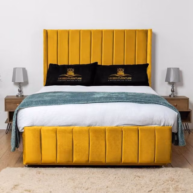 UK Bed Furniture Arizona Wingback Divan Bed Base with 54 Inch Headboard, Yellow Velvet, King Size, W/D/H: 180 x 200 cm