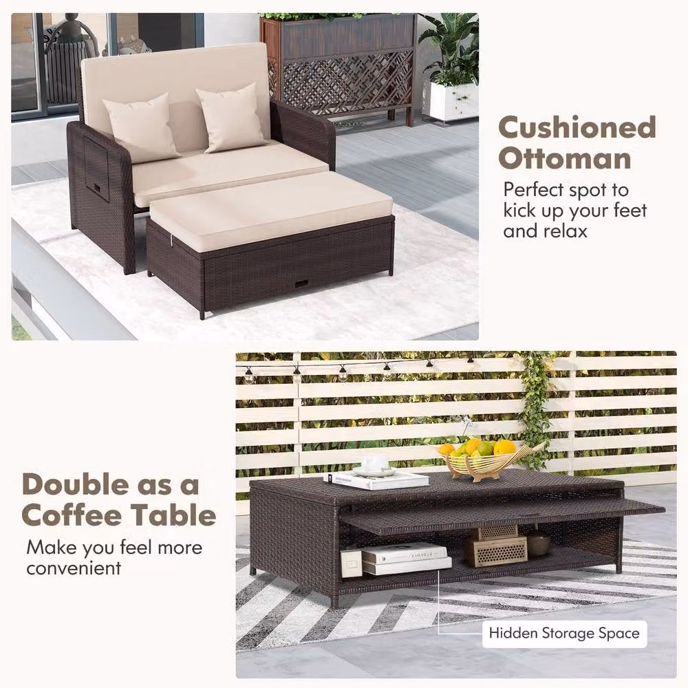 Costway Brown Polyrattan Patio Daybed Set with Loveseat Sofa, Ottoman and Side Tray – 7