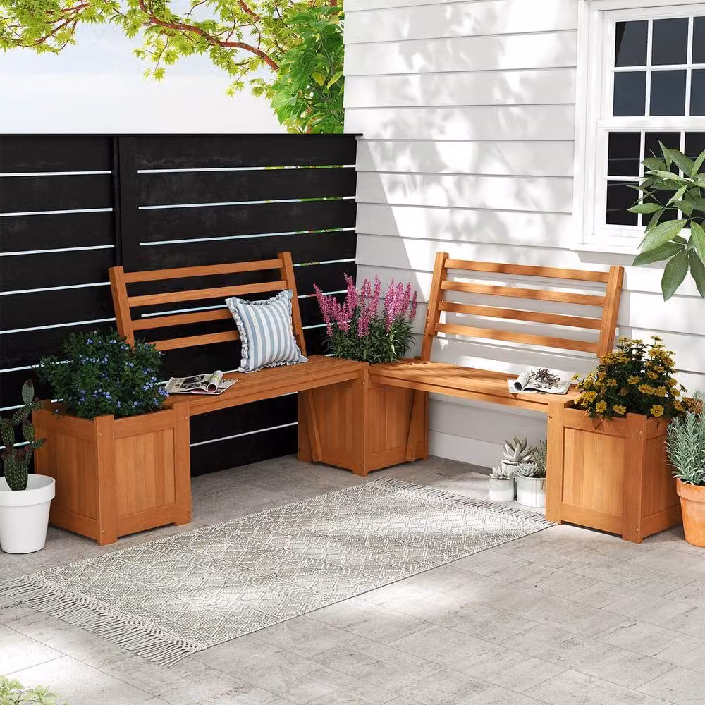 Costway Wood Outdoor Planter Box with Bench Seat and Backrest in Natural Brown – 5