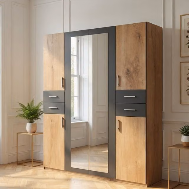 Vegas Oak Modern 4 Door 4 Drawer Wardrobe with Mirror and Internal Shelves, Width: 180 cm