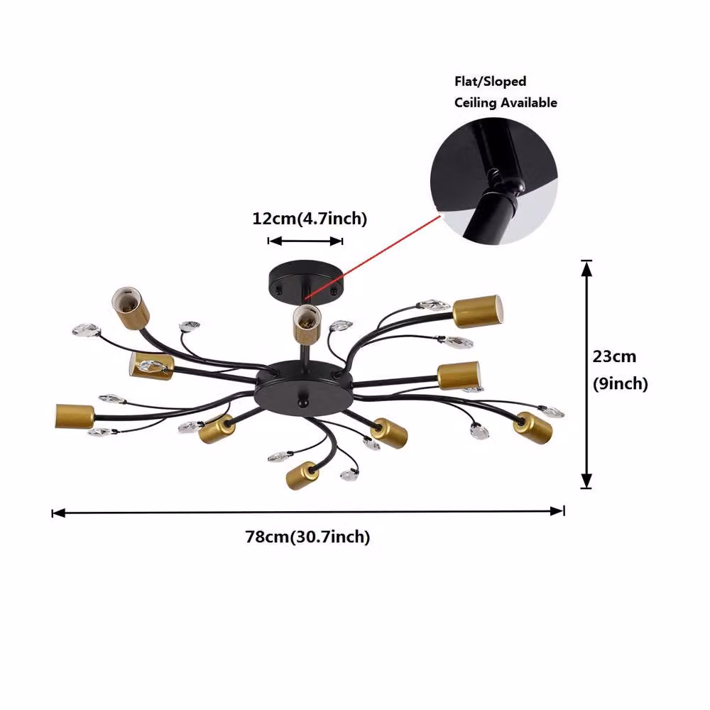 NIVOR Mid Century 10-Light Crystal Chandelier Flush Mount Ceiling Lamp in Black and Gold/Brass with E27 Bulbs – 2