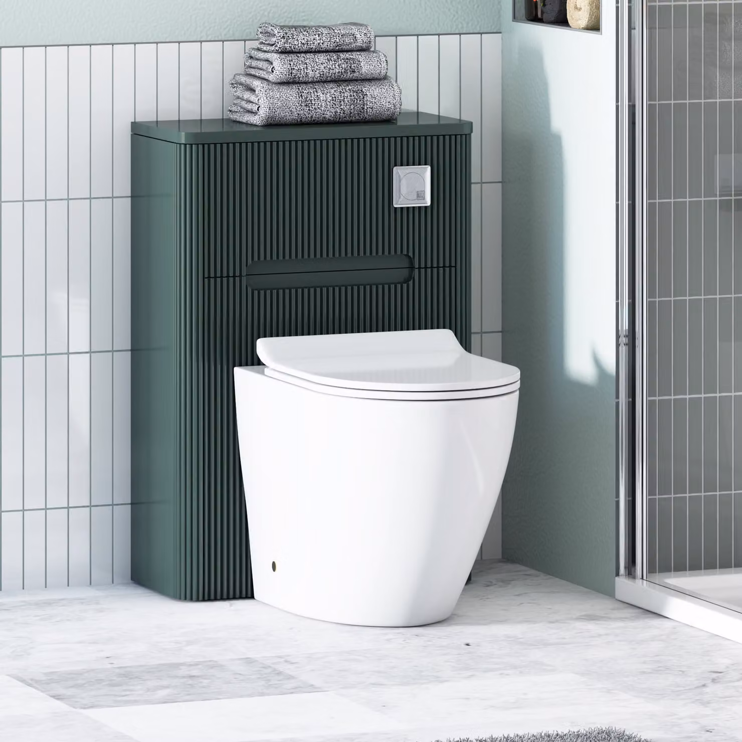 Avenza Moss Green Wall Mounted WC Unit with Elva Rimless Ceramic Toilet Pan, Slim Soft Close Seat and Cistern, Depth: 55 cm