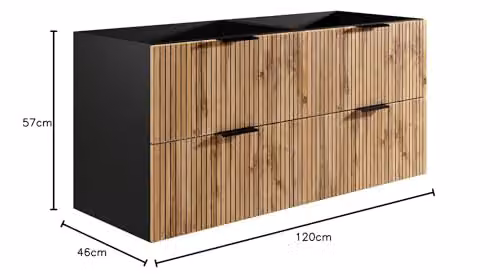 Vente-unique Madela Wall-Hung Fluted Vanity Unit in Beige and Black with LED Lighting and Soft-Close Doors, Width: 120 cm – 4