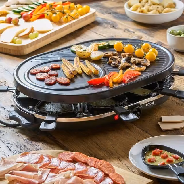 Cooks Professional 1200W Electric Raclette Grill in Black with Metal Plate, Non-Stick Coating and Adjustable Thermostat