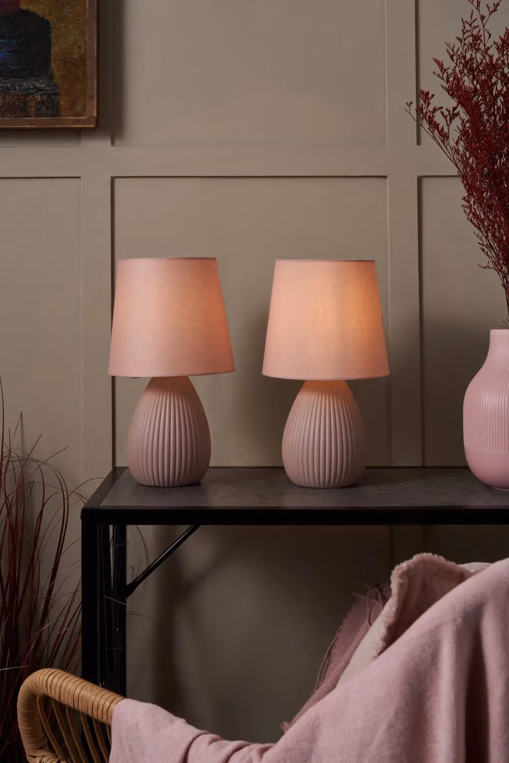 BHS Lighting Freya 2 Pack Ceramic Table Lamps in Pink and Grey – 2