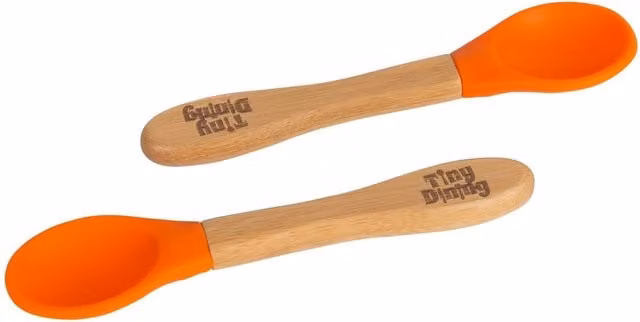 Tiny Dining 2x Bamboo and Silicone Soft Tip Training Spoons for Baby and Toddler Weaning, Orange – 1