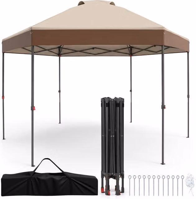 Costway Brown Pop Up Garden Gazebo with Adjustable Height Canopy Tent and Pegs, W/D/H: 360 x 360 x 360 cm