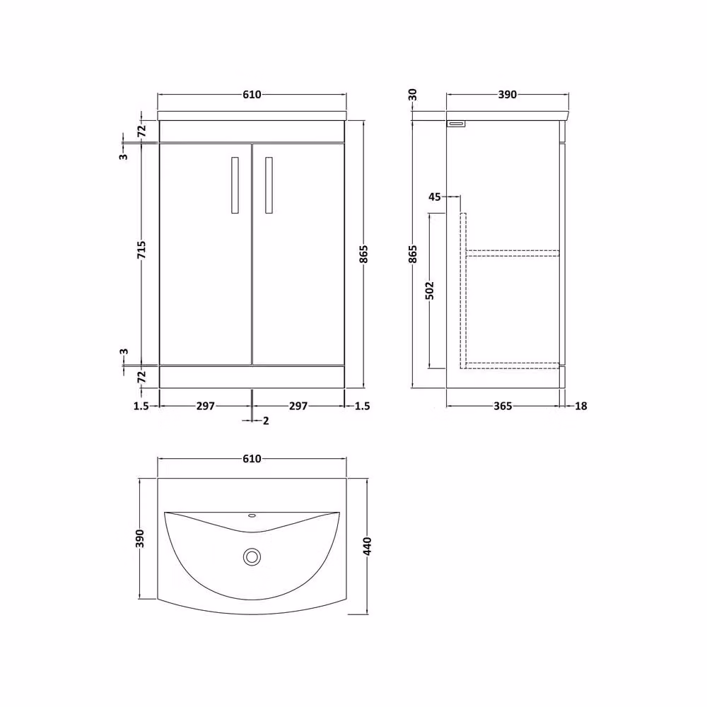 Balterley Millwich Contemporary 2 Door Gloss Grey Freestanding Vanity Basin Unit, W: 60 cm, H: 86.5 cm – 2