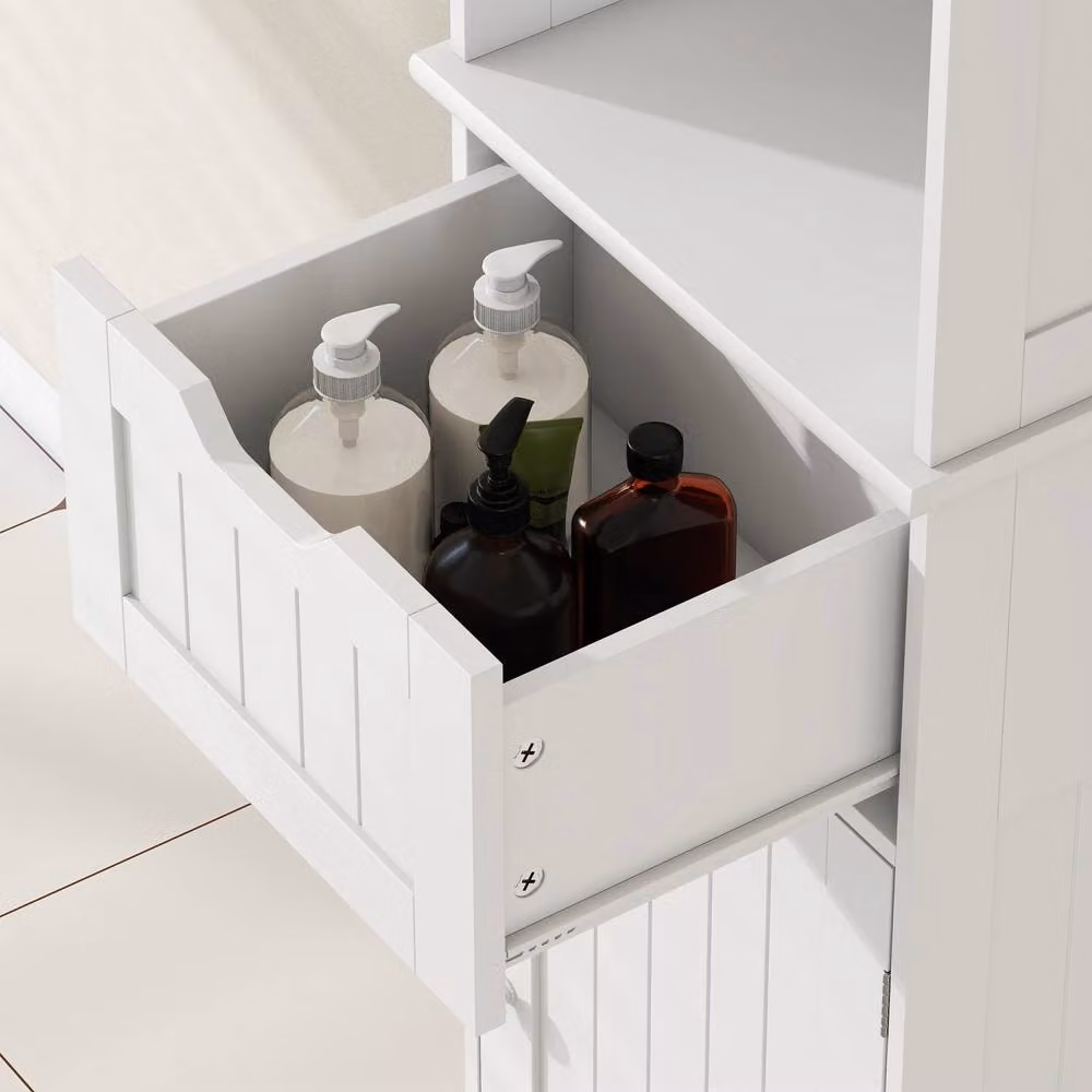 Wyld Haus Morale Slim White Freestanding Bathroom Storage Cabinet with Motion Sensor LED Lighting and Internal Shelves and Drawers H 170 x W 30 x D 2 cm – 6