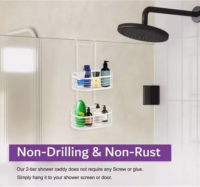 EONLION 2 Tier White Stainless Steel Hanging Shower Caddy Bathroom Shelf with Drainage