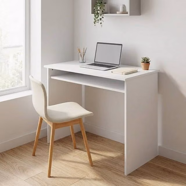 STILVORA Modern Gloss White Writing Desk with Storage Shelf, W/D/H: 90 x 80 x 74 cm