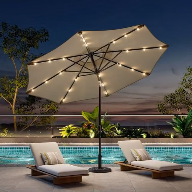 Garden Sanctuary Beige Polyester Parasol with 24 LED Lights, Crank Mechanism and Concrete Base