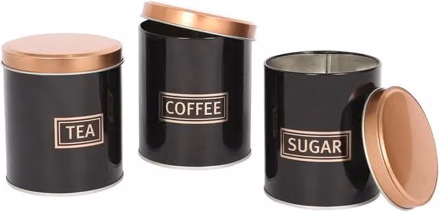 Harbour Housewares 3pc Airtight Metal Tea Coffee Sugar Canister Set in Black