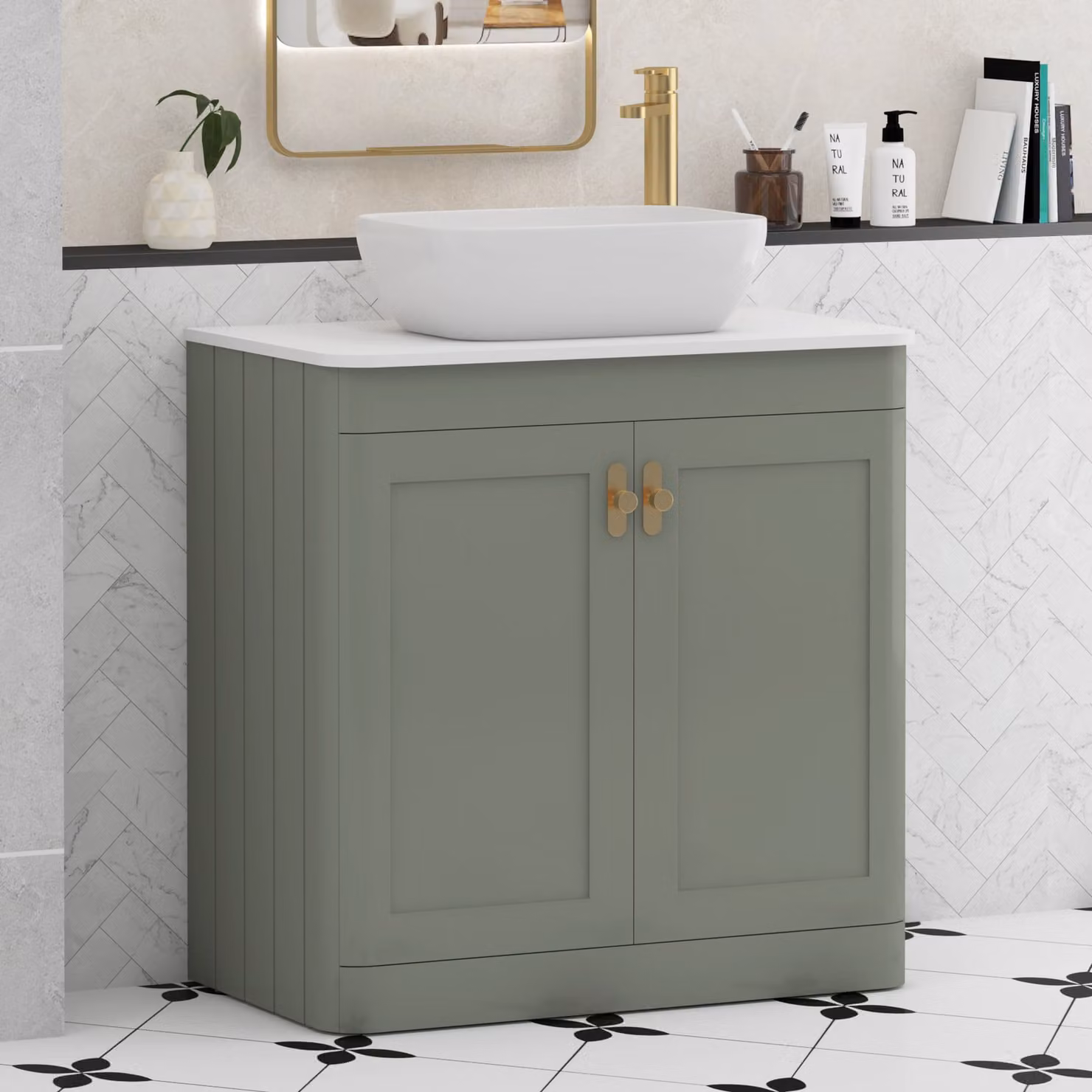 Royal Bathrooms Henley 800mm Sage Green Floor Standing 2 Door Vanity Unit with Plain White Worktop, Elva Basin and Brushed Brass Knob