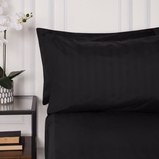 Brentfords Pair of Black Striped Satin Microfibre Housewife Pillowcases