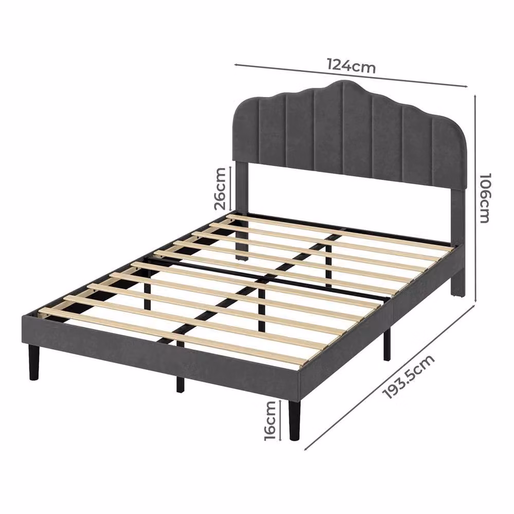 VOGREX Grey Modern Linen Upholstered Small Double Platform Bed Frame W/D/H: 124 x 120 x 106 cm – 2